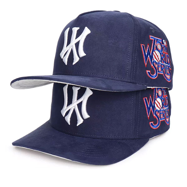 Custom 5 Panel 3D Embroidery Logo Blue Suede Snapback Caps Curved Brim Hats