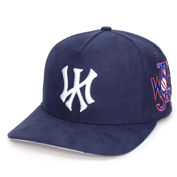 Custom 5 Panel 3D Embroidery Logo Blue Suede Snapback Caps Curved Brim Hats