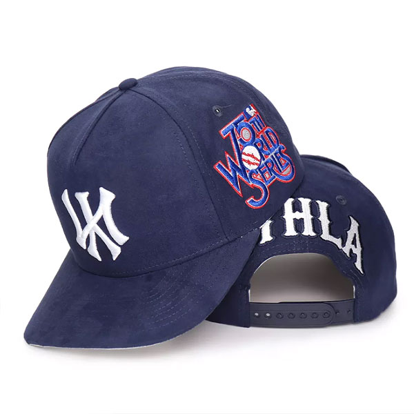 Custom 5 Panel 3D Embroidery Logo Blue Suede Snapback Caps Curved Brim Hats